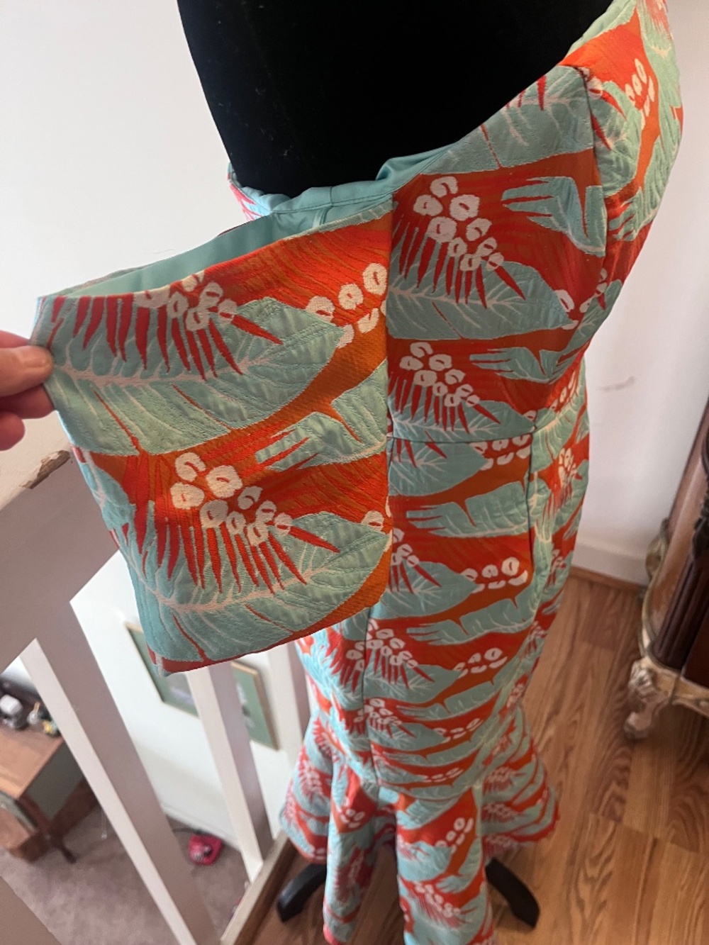 ASOS Tropical Leaf Jacquard Off Shoulder Mermaid Midi Dress Coral Turqoise Sz 4 - Picture 6 of 16